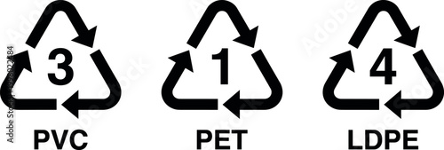 Recycling Symbols for PVC, PET, and LDPE Plastic Types for Waste Management, Sustainability, and Environmental Designs