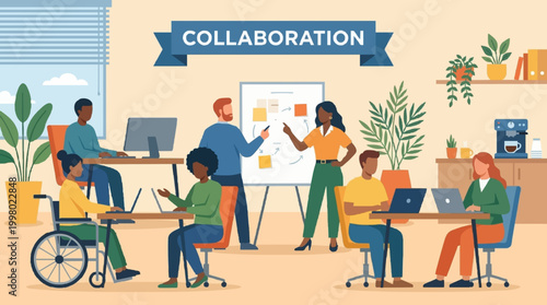 A modern office illustration showing a diverse team collaborating on a project. People are engaged in discussion, working on laptops, and presenting ideas on a whiteboard