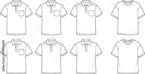 T-shirt and Polo Shirt Vector Collection Featuring Different Styles and Views for Fashion, Apparel, and Design Projects