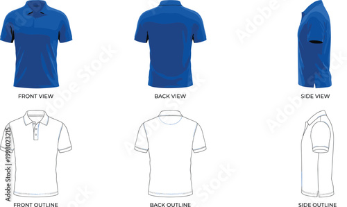 Polo Shirt Vector Collection Featuring Front, Back, and Side Views for Fashion, Apparel, and Design Projects