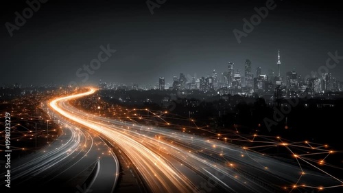 Night cityscape with illuminated highway showing light trails and a connected digital network overlay.