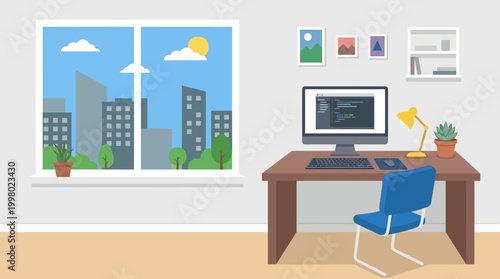 A modern office interior with city view.