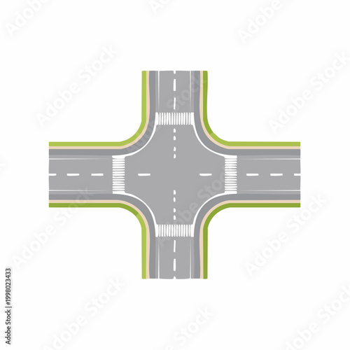 Top-down view of a four-way intersection with crosswalks