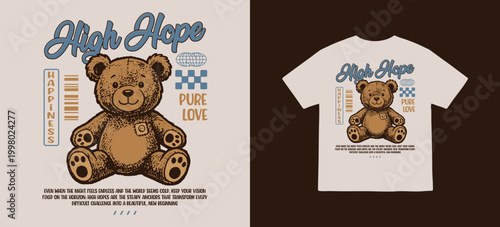 Vector illustrationa of a brown bear doll with text for t-shirt print design template