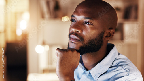 Photography Serious, businessman and thinking at night in office, risk assessment and plan for investment on web