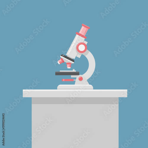 microscope on lab table, minimalist flat 2D vector illustration