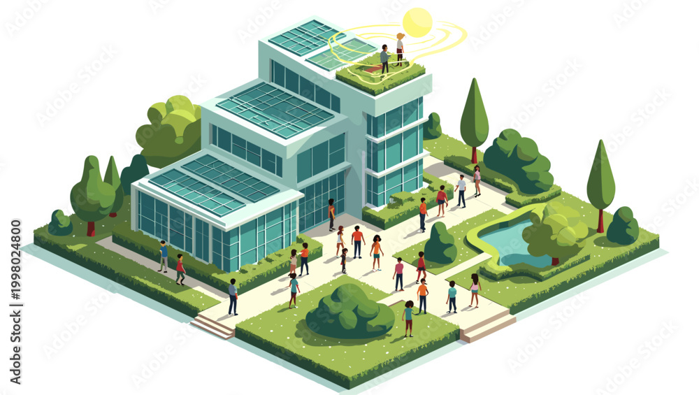 Fototapeta premium A serene isometric illustration of a park, perfect for depicting concepts of relaxation, community, or outdoor recreation. Ideal for website backgroun