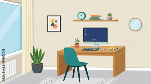 A modern home office with desk and chair.