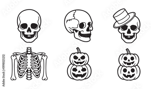 Halloween Skulls, Skeleton, and Jack-o'-Lanterns Line Art Collection on White Background