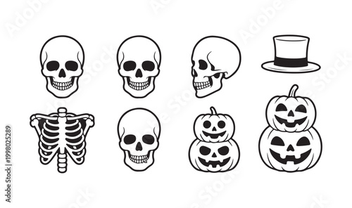 Halloween Spooky Skulls, Skeleton, and Jack-o'-Lanterns Line Art Icons Set