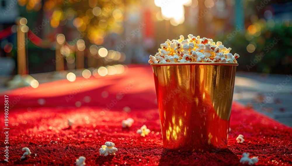 Obraz premium A golden bucket of popcorn on a red carpet under warm sunlight on a blurred outdoor path