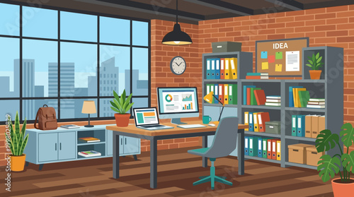 Modern office interior with city view.