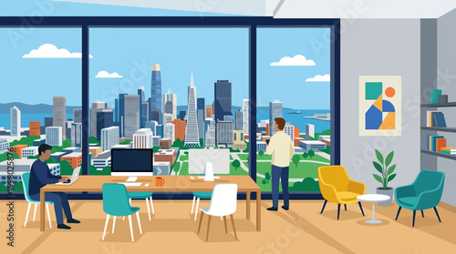 Modern office interior with city view.