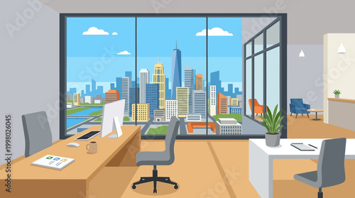 Modern office interior with city view.