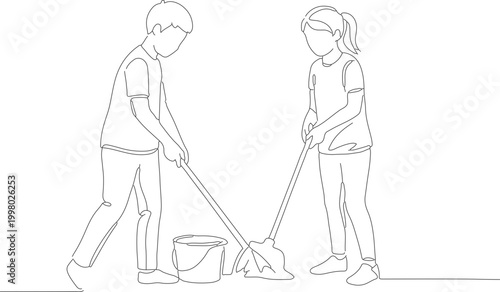 Continuous Line Drawing of Young Boy and Girl Cleaning Floor with Mop and Bucket