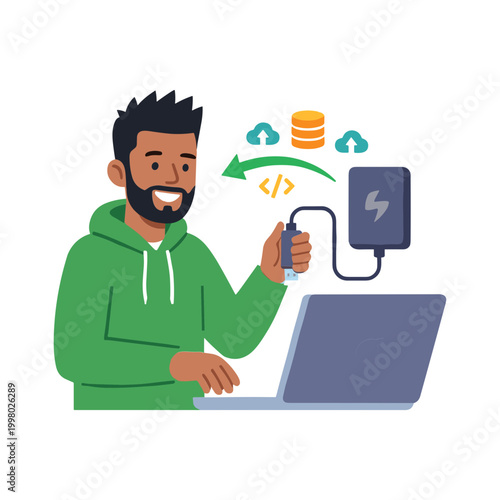 A smiling man charges his phone from a laptop with a power bank.