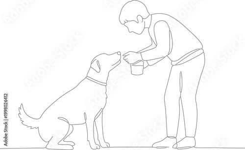 Minimalist Line Art of a Child Giving a Treat to a Loyal Dog Companion