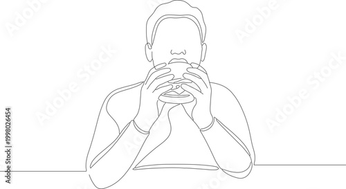 Minimalist Line Drawing of a Person Enjoying a Delicious Burger Meal