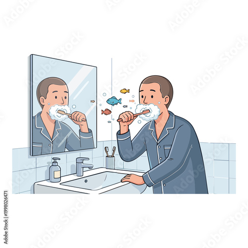 Man brushing teeth in bathroom with colorful toothpaste bubbles floating up