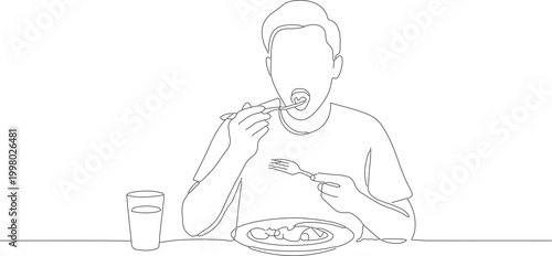 Minimalist Continuous Line Drawing of a Young Person Enjoying a Meal with a Drink
