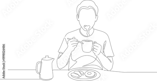 Continuous Line Drawing of a Person Enjoying a Warm Beverage and Pastry for Breakfast