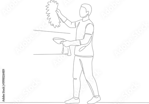 Minimalist Line Art Drawing of a Person Performing Dusting with a Feather Duster and Spray Bottle