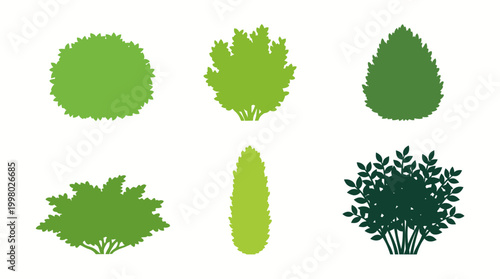 Six green plant silhouettes including shrubs, trees, and leaves for nature, garden, and landscape design — ideal stock illustration for eco-friendly branding.