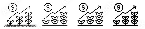 Financial agriculture growth investment linear icon collection design. Editable vector stroke icons