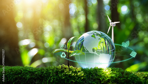 A shimmering glass globe with a world map, a miniature windmill, and a young plant are surrounded by glowing ecological icons in a lush, sunlit green environment.