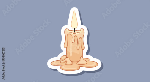 Sticker illustration of a burning wax candle with melting drips and a bright orange flame set against a muted blue background with a shadow.