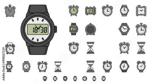 Large digital and analog wristwatch surrounded by various timekeeping devices like alarm clocks, pocket watches, and small hourglass icons.