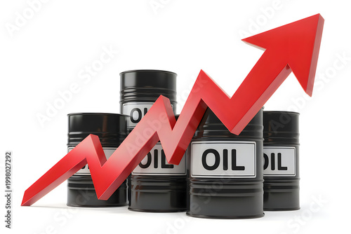 Red upward arrow rising over black oil barrels with white labels