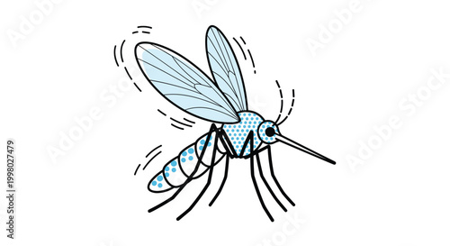 Stylized illustration of a mosquito with patterned wings and body shown in profile on a white background for educational or medical use.