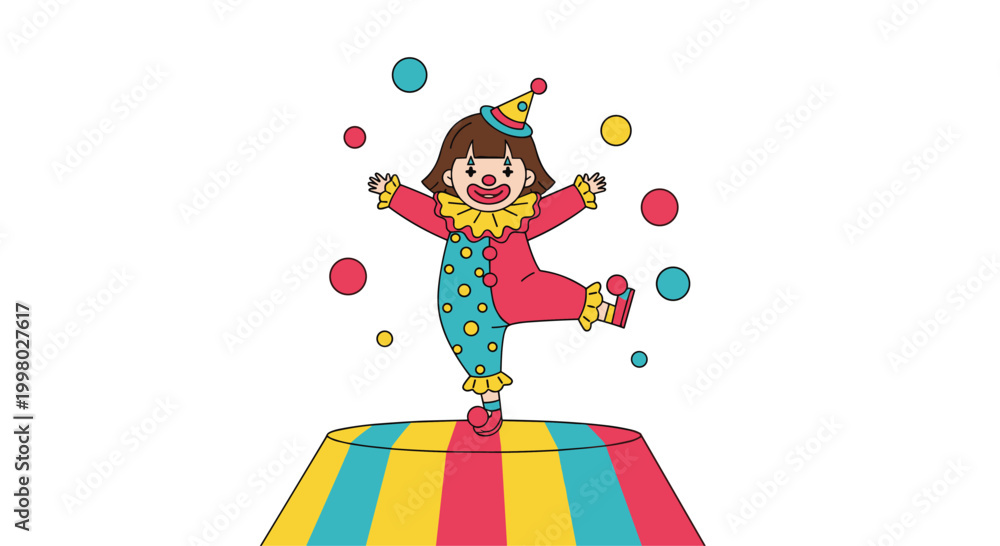 Fototapeta premium Happy female clown with a big smile juggling several colorful balls while standing on a striped circus platform during a fun performance.