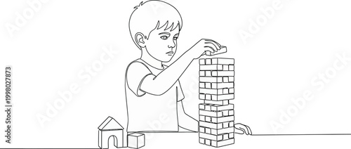 Child Playing with Building Blocks Line Art Illustration