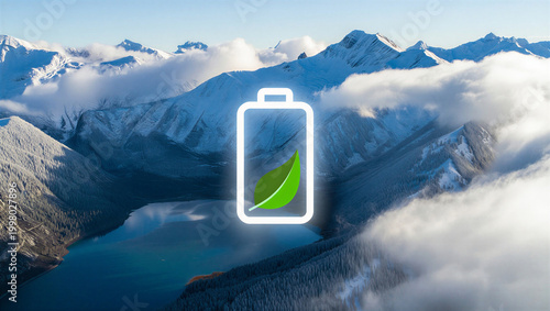 A digital battery icon with a green leaf inside hovers over a majestic winter mountain landscape, symbolizing clean energy storage and power.