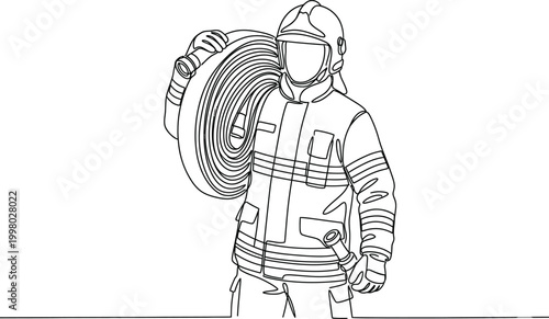 Firefighter Carrying Hose Line Art Illustration