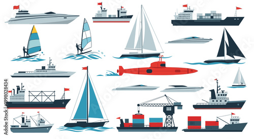 Extensive collection of nautical vessels including sailboats, cargo ships, submarines, yachts, and fishing boats on a white background.