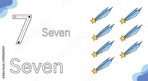 Children learning worksheet for the number seven featuring a tracing exercise and seven illustrated blue comets with yellow stars.