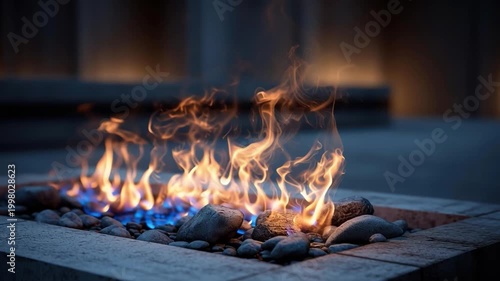 Close-up of a modern outdoor fire pit with flames and rocks on a stone surface.