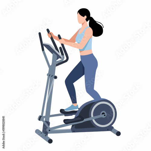 Modern Flat Design Woman Exercising on Elliptical Machine for Fitness and Health