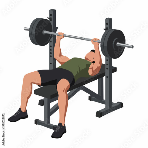 Flat Design Athletic Man Performing Bench Press Exercise on Gym Equipment