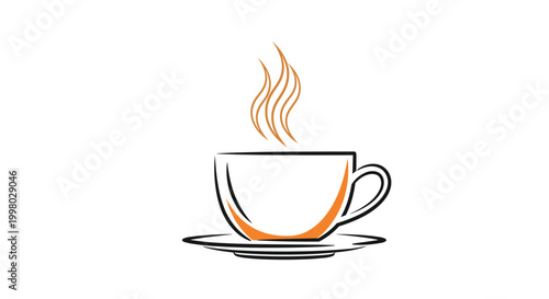 Minimalist artistic sketch of a cup on a saucer with rising steam in shades of black and orange on a white background.