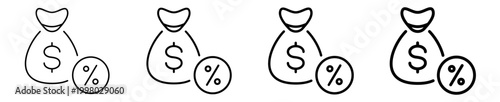 Money interest rate tax bag linear icon collection design. Editable vector stroke icons