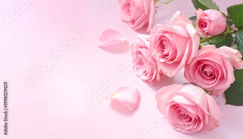 Soft pink roses and petals scattered on a delicate pink background, exuding elegance and serenity