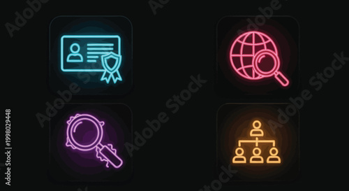 Neon icons depict identification global search recruitment and organizational structure on a dark background