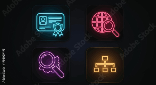 Neon glowing icons depicting identification global research analysis and network connections high quality professional detailed