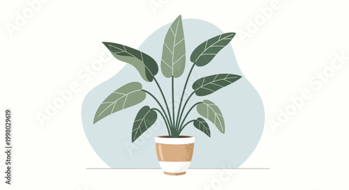 A stylized illustration depicts a vibrant monstera deliciosa plant in a terracotta pot against a pale background