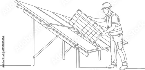 Solar Panel Installation Technician Line Art