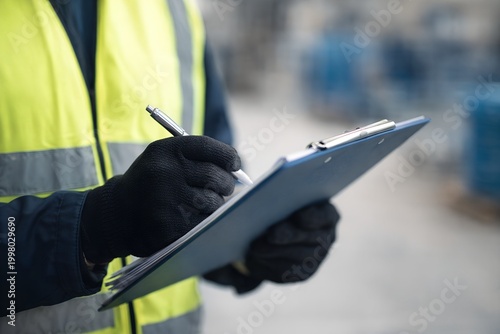 An industrial worker carefully writing on a clipboard, wearing safety gear
